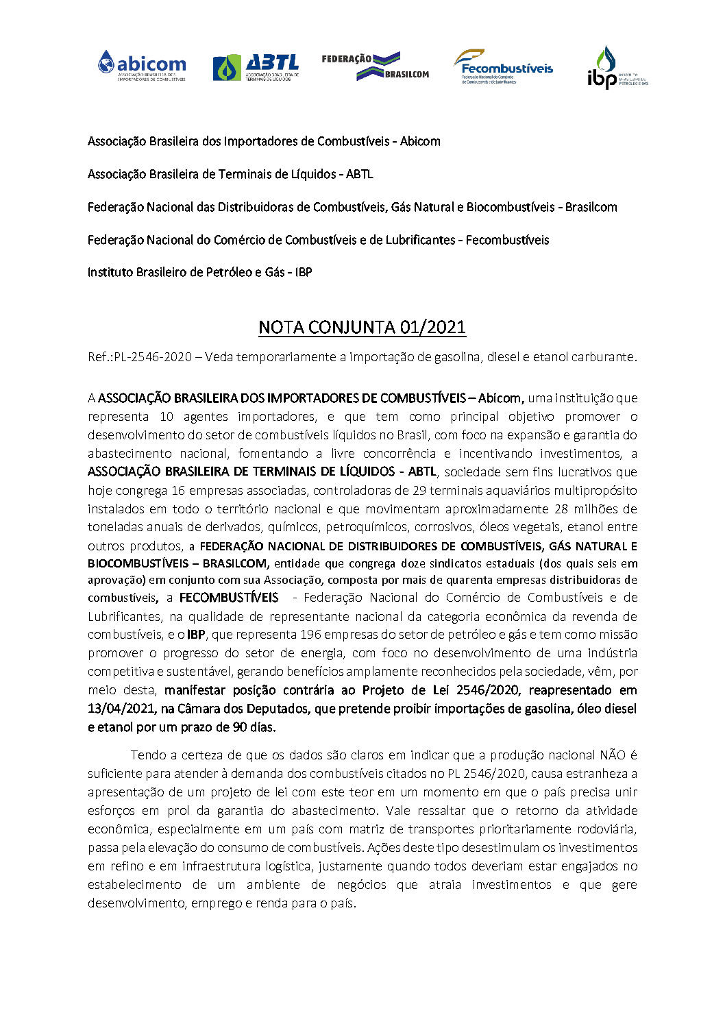 BRASILCOM e outras entidades do setor de combustível se manifestam contra o PL-2546-2020, que veda temporariamente a importação de gasolina, diesel e etanol carburante