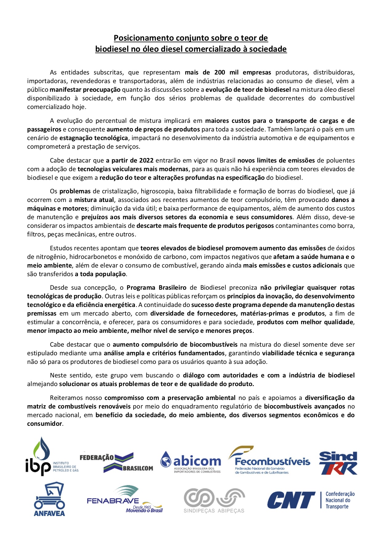 Preocupação das entidades quanto às discussões sobre a evolução de teor de biodiesel na mistura do óleo diesel